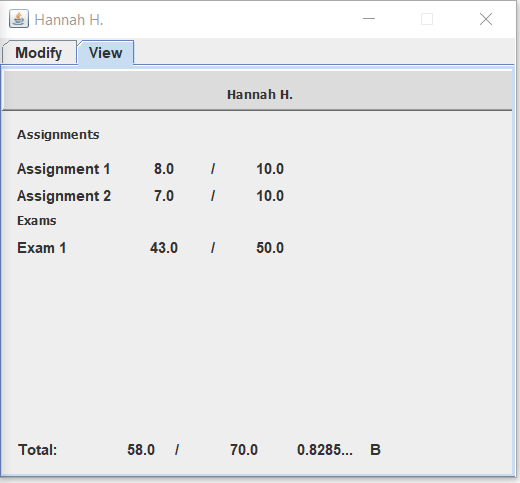 Page showing a students marks for a class
